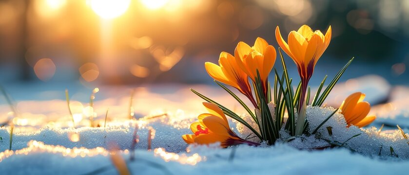 In-depth of a dazzling yellow crocus peeping through snow that has melted and space, Generative AI.