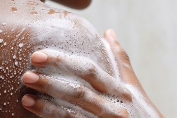Close-Up of a Person Showering With Soap Suds on Skin