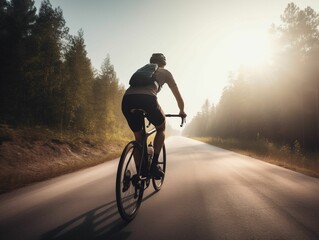AI generated illustration of a person cycling down a peaceful rural road, surrounded by lush trees