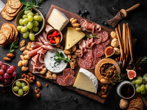 AI generated illustration of a platter overflowing with an array of assorted cured meats and cheese
