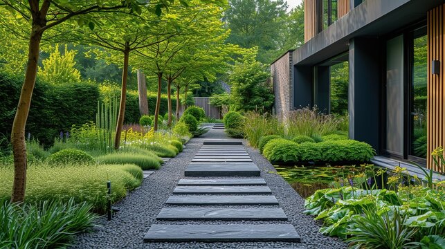 A garden path made of stone and cement. With green grass and ornamental plants