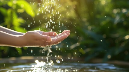 A woman's hand draws clear water from a spring by hand, the water splashing like crystals.