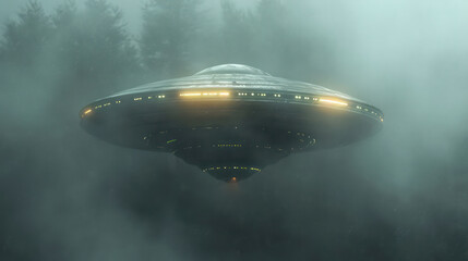 Mysterious Alien Spaceship Hovering in the Sky, Invading Earth: Science Fiction Abduction in the Futuristic Landscape.