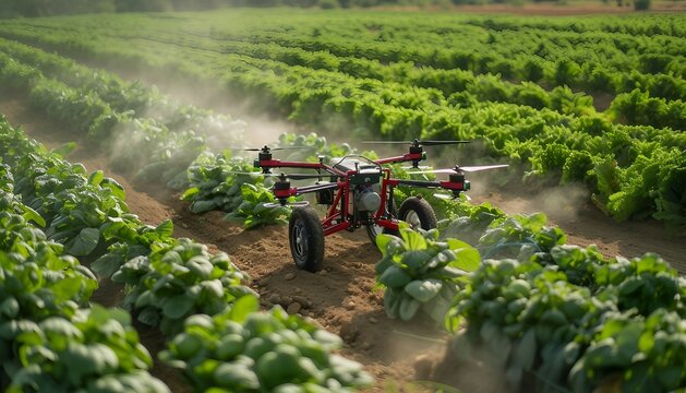 Automated Crop Harvesting, Illustrate automated crop harvesting in precision agriculture with an image showing autonomous or robotic harvesters efficiently gathering crops from fields, AI 