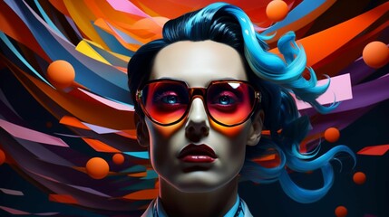 Portrait of a young woman with stylish sunglasses against a colorful background. AI-generated.