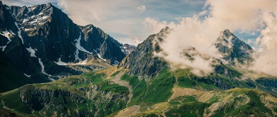 AI generated illustration of green mountains covered with clouds