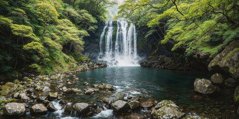 Fototapeta premium AI generated illustration of a waterfall cascading down the rocks in a green landscape