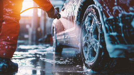 Washing car with high pressure water and foam at car wash. - obrazy, fototapety, plakaty