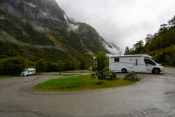 Motorhome camper in Briksdal glacier valley in south Norway, Europe.