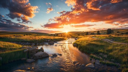 a small river surrounded by grass and rocks under an orange sky - obrazy, fototapety, plakaty