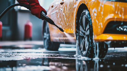 Washing car with high pressure water and foam at car wash.