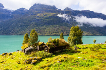 Traditional houses in Lovatnet lake valley in south Norway, Europe