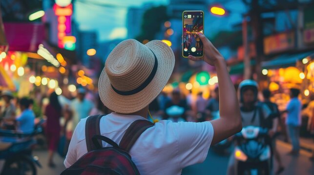 A Person, Seen From Behind, Taking A Selfie In A Bustling Street Market.