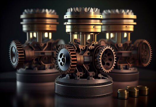 3d rendered illustration of engine pistons and cog wheels with depth of field effect. Generative AI