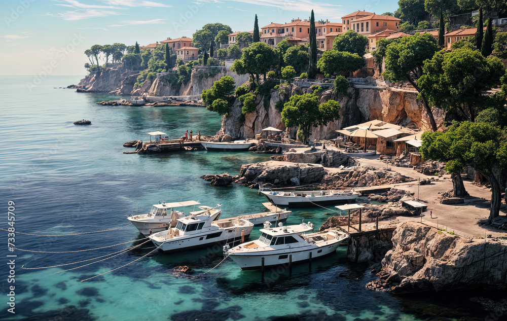 Poster boats in the harbor marina created with Generative AI technology