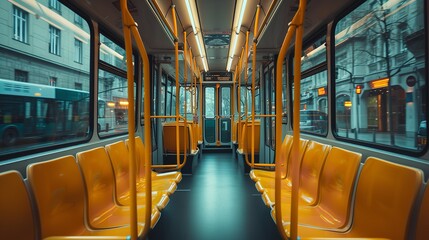 Inside the yellow-seat municipal bus, a depleted tram waits for users to get on and space, Generative AI.