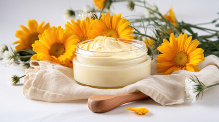 Cosmetic jar of body care cream with extract of Calendula on a light background