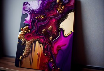 Abstract fluid art. Alcohol ink on canvas. Purple, red, and gold. Generative AI