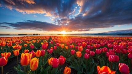 AI generated illustration of a flourishing meadow coming alive with beautiful colorful tulips - obrazy, fototapety, plakaty