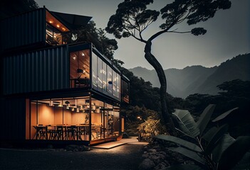 modern contemporary restaurant or cafe made from shipping container, tropical mountain background, Generative Ai