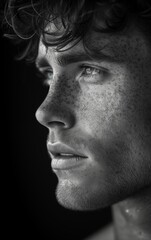 Obraz premium Black and white portrait of a young Caucasian man, AI-generated.