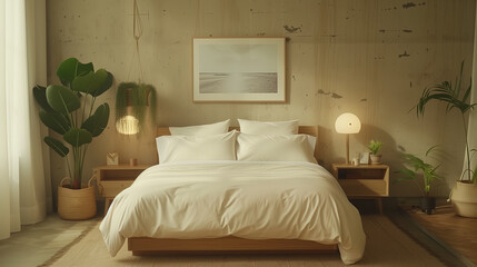 Minimalist Bedroom Design with Natural Wood Furniture and Indoor Plants