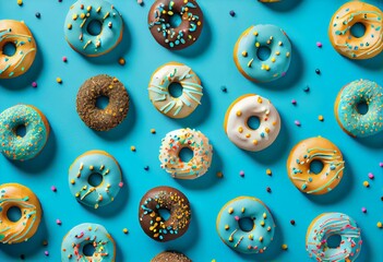 Colorful donut pattern of freshly baked glazed ring doughnuts on a vivid blue background. From top view. Minimal food concept. Generative AI
