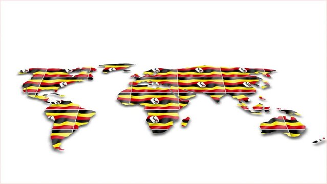 Uganda flag wave 3d earth map animation white background