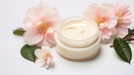 Obraz na płótnie Canvas Cream with extract of Camellia on a light background