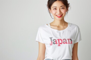 Fototapeta premium JapanのTシャツを着て日本を応援する笑顔の日本人女性（白背景・オリンピック・日本代表）