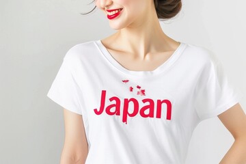 JapanのTシャツを着て日本を応援する笑顔の日本人女性（白背景・オリンピック・日本代表）
