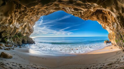 AI generated illustration of a beach cave with an opening overlooking the expansive ocean - obrazy, fototapety, plakaty