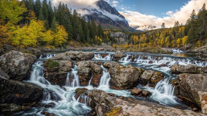 AI generated illustration of a mountain cascading falls with a mountain shrouded in mist