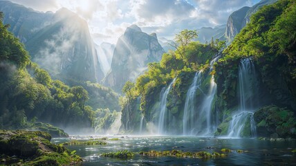 AI generated illustration of an enchanted mountain valley overlooking the cascading waterfalls - obrazy, fototapety, plakaty