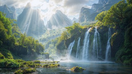 AI generated illustration of an enchanted mountain valley overlooking the cascading waterfalls