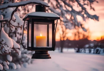 Foto op Canvas AI generated illustration of a vintage lantern with a lit candle in a snowy landscape at sunset © Wirestock