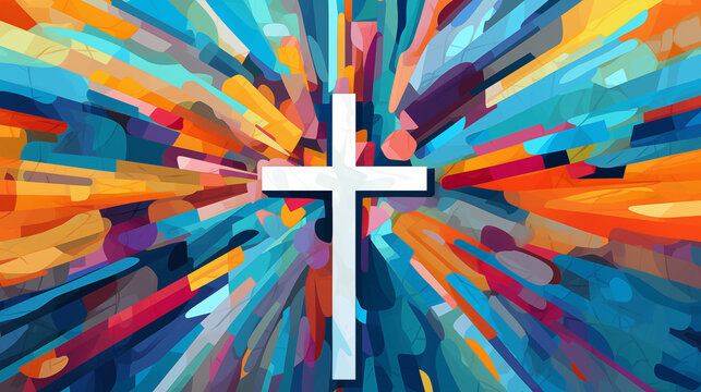 Bright white Easter cross bursting with color.