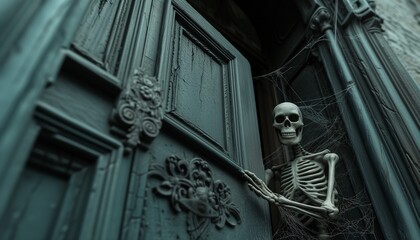 At the front door of a spooky mansion, a human skeleton is opening the door to invite you in.
