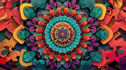 AI generated illustration of a mandala featuring vibrant colors and intricate patterns