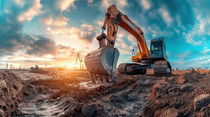 Panoramic image of yellow excavator in a mine at sunrise in the morning. - obrazy, fototapety, plakaty