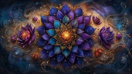 AI generated illustration of purple and blue flowers with starry background