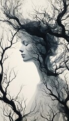 AI generated illustration of a woman's head hidden behind branches
