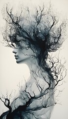 AI generated illustration of a woman's hair flowing in the wind among tree branches