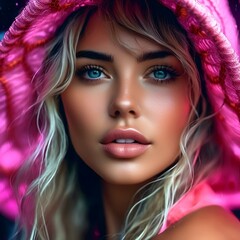 AI generated illustration of a beautiful blond girl with long blonde hair wearing a pink hoodie