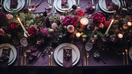 Dinner table setting in the warm glow of candlelight, tablescape featuring floral centerpiece, elegant burgundy glassware, and luxurious gold cutlery