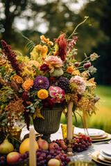 Country life, garden flowers and floral decor, autumnal flower bouquet in vase, country cottage style, generative ai