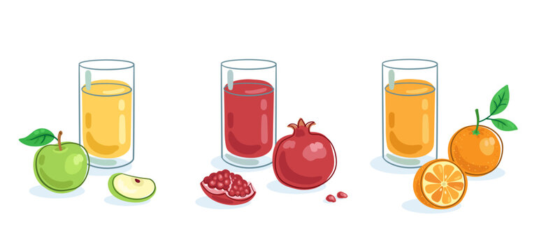 Set of three large glasses of apple, pomegranate and orange juices and fresh fruits.  Picture in line style. Template for menu design. Isolated on white background. Vector flat illustration.