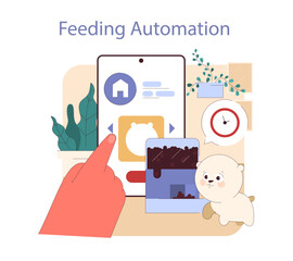 Feeding Automation concept. A puppy waits as its owner schedules mealtime with a smart feeder app. Nutrition at the touch of a button.