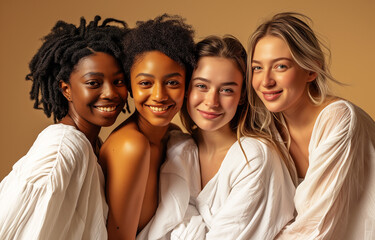Obraz premium Women of different nationalities and races in white clothes together on a monochrome beige background. Diversity concept. Photorealistic. 