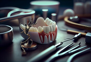 Close up of dental tools while cleaning teeth of patient. 3d illustration of teeth receiving dental treatment. Generative AI